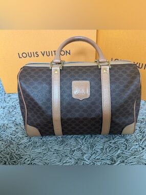 Celine Brown Patterned Canvas Duffel with Tan Leather Trim